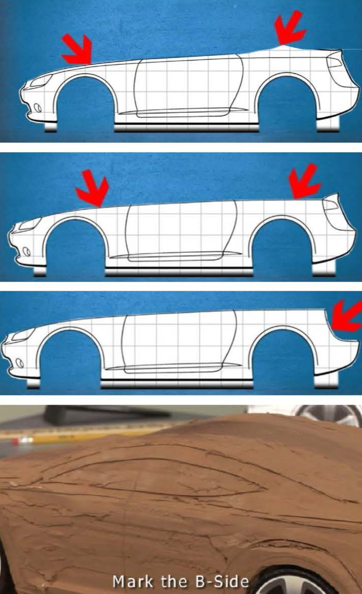 Clay modeling process — hands sculpting an automotive clay model