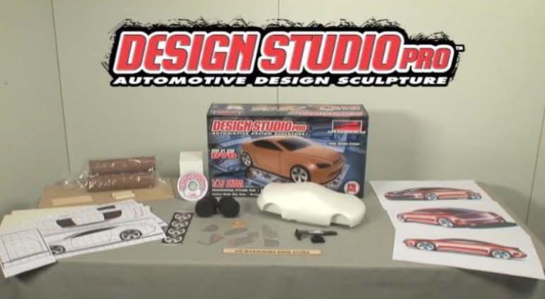 Design Studio Pro kit components laid out showing foam armature, clay tools, tape, ruler, and design renderings