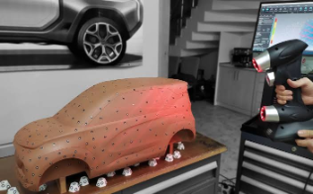 Scanned clay model data displayed in digital surfacing software, showing the transition from physical clay to precise computer modeling