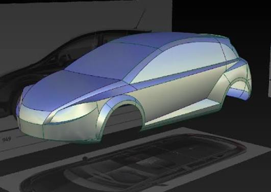 Digital modeler refining scanned clay surface data in Alias software, cleaning character lines and improving surface quality with precise digital tools